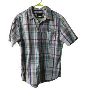 TONY HAWK SHORT SLEEVE GRAY PURPLE BLUE PLAID SHORT SLEEVE BUTTON DOWN SHIRT MEN